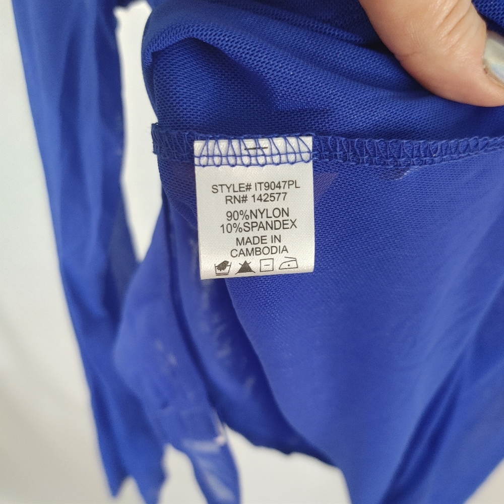 Iris Blue Sheer Mesh Bodysuit 1X Long Sleeve V Neck Stretch Y2K Clubwear Top - Picture 9 of 12